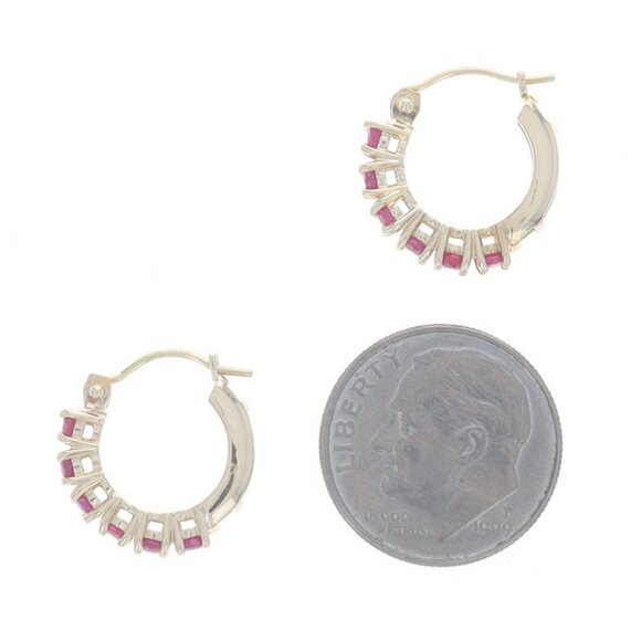 Yellow Gold Ruby Hoop Earrings - 14k Round 1.40ctw Pierced - Picture 3 of 4